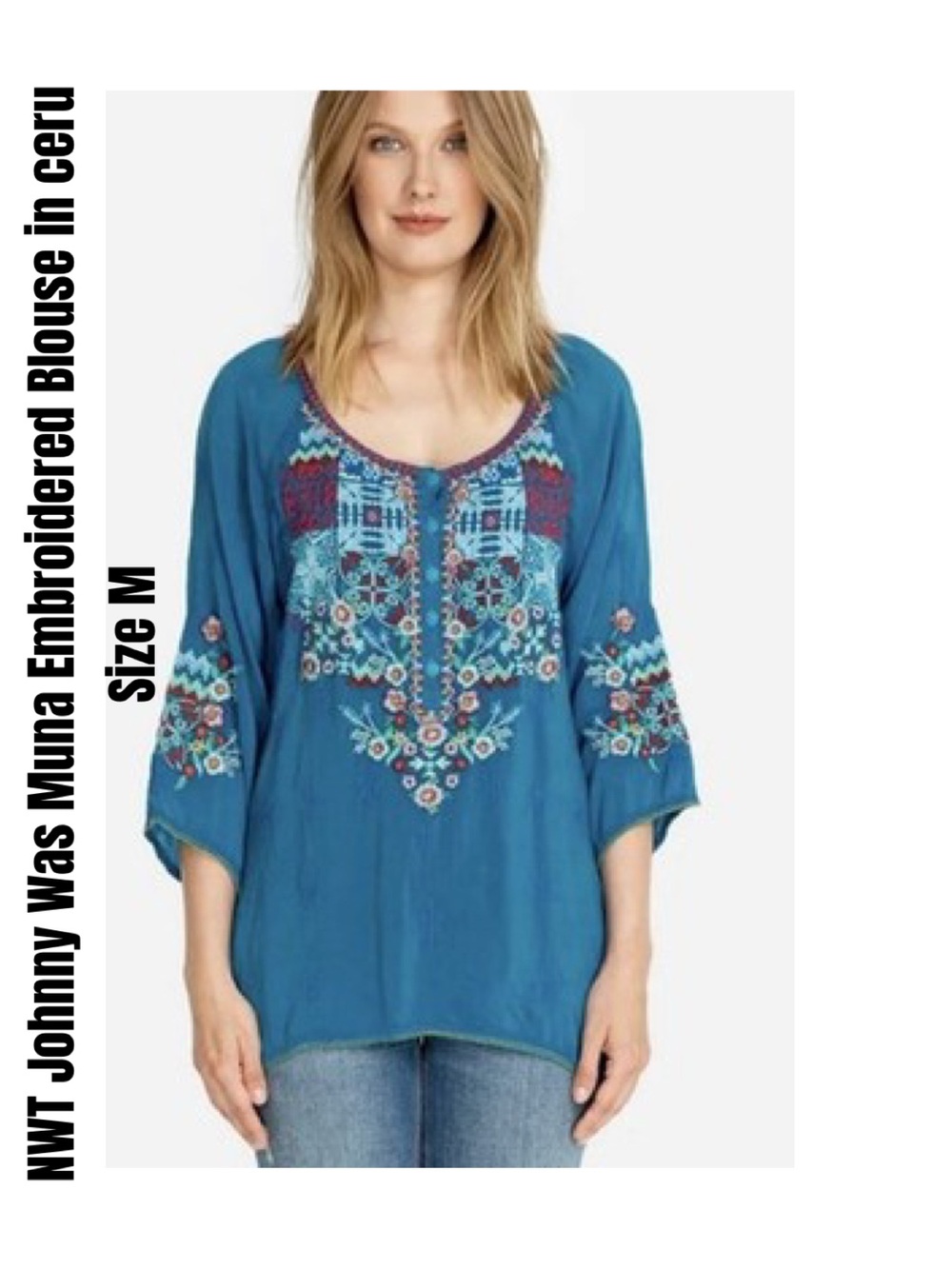 Johnny Was Muna Embroidered Blouse in ceru Size M